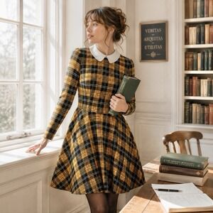 ModCloth Yellow Plaid Dress Women XS VTG Style Academia Preppy Collared USA Made